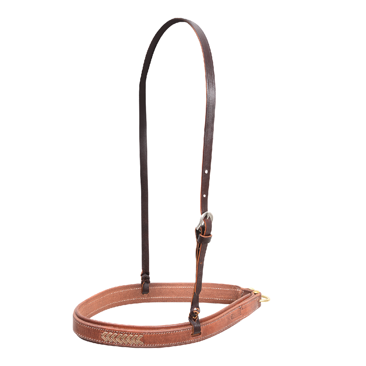 Natural laced harness noseband, seen from the front quarter. Rawhide lacing accents the front of the stitched leather noseband, which hangs from a dark adjustable strap with a buckle.