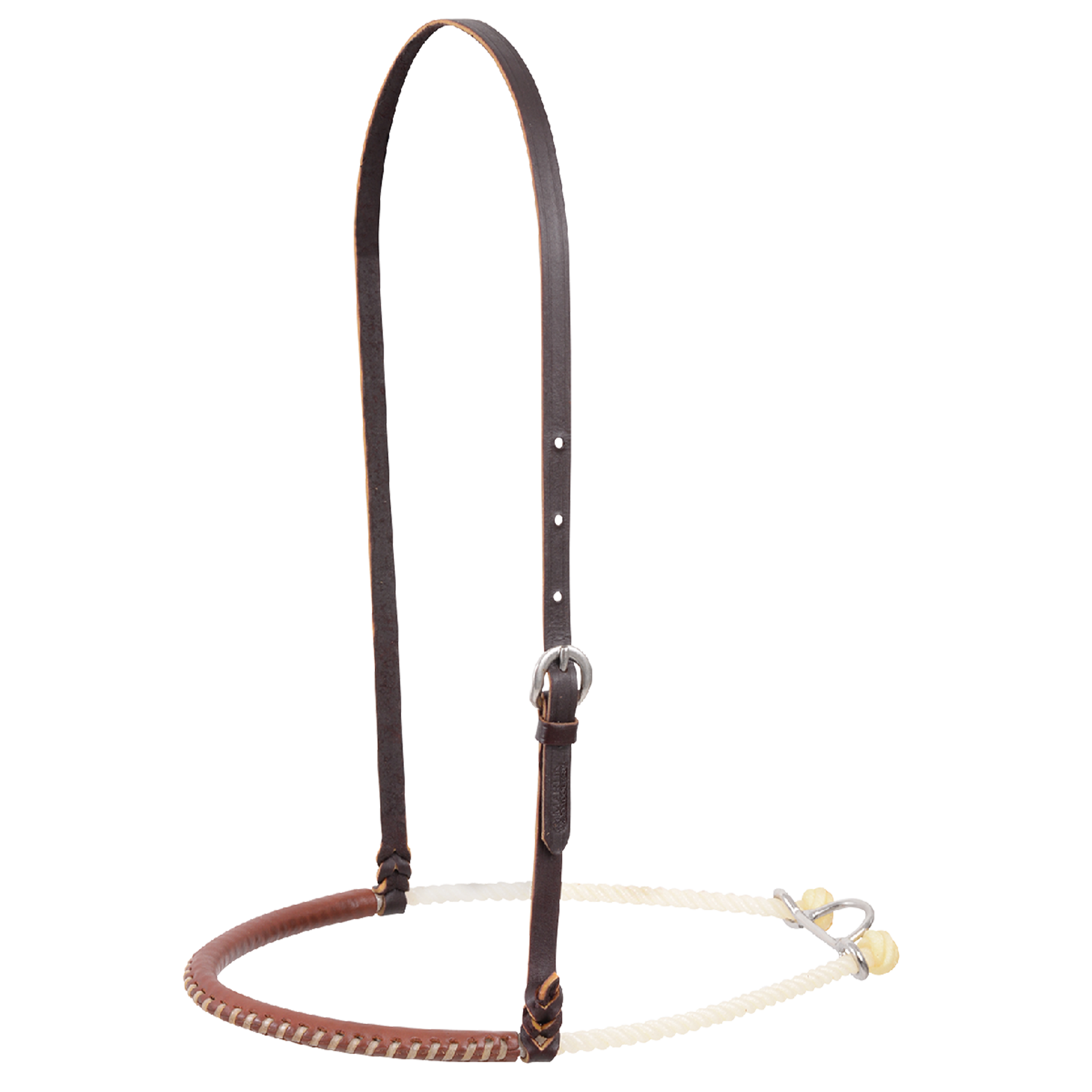 Single rope noseband with natural harness leather laced around the nose piece, seen from the front quarter. The laced cover meets the white rope beside a dark adjustable strap with a buckle.