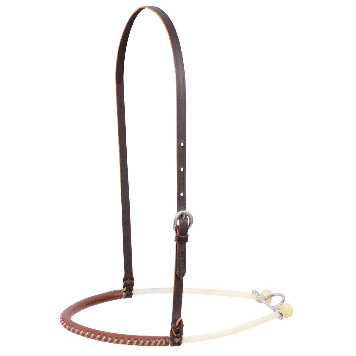Single rope noseband with natural harness leather laced around the nose piece, seen from the front quarter. The laced cover meets the white rope beside a dark adjustable strap with a buckle.