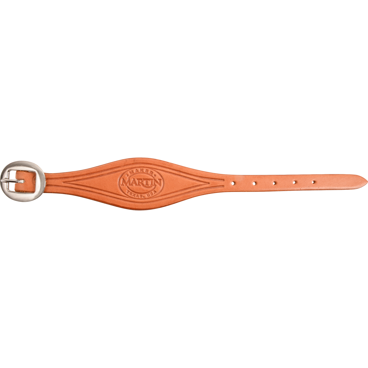 Natural smooth leather stirrup hobble strap from Martin Saddlery, laid flat and seen from above. The light strap carries border lines and the Martin maker stamp, with a cart buckle at one end.