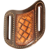 Natural mini weave folding knife sheath, seen from the front. The basketweave tooled center sits between chocolate leather sides with white stitching and belt slots.