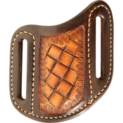 Natural mini weave folding knife sheath, seen from the front. The basketweave tooled center sits between chocolate leather sides with white stitching and belt slots.