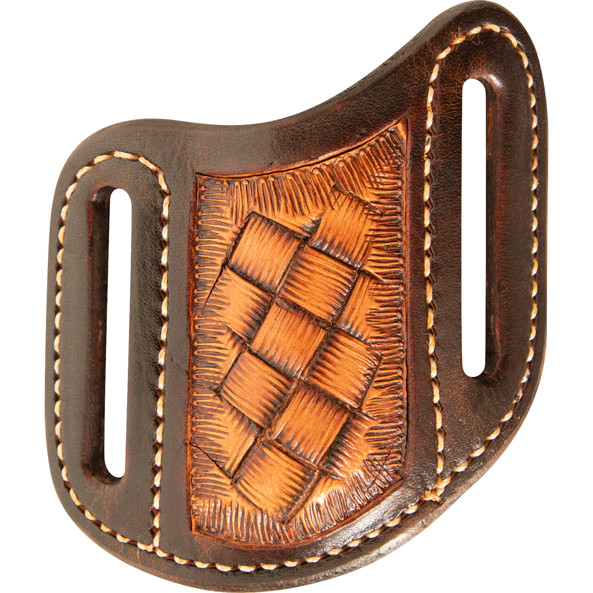 Natural mini weave folding knife sheath, seen from the front. The basketweave tooled center sits between chocolate leather sides with white stitching and belt slots.