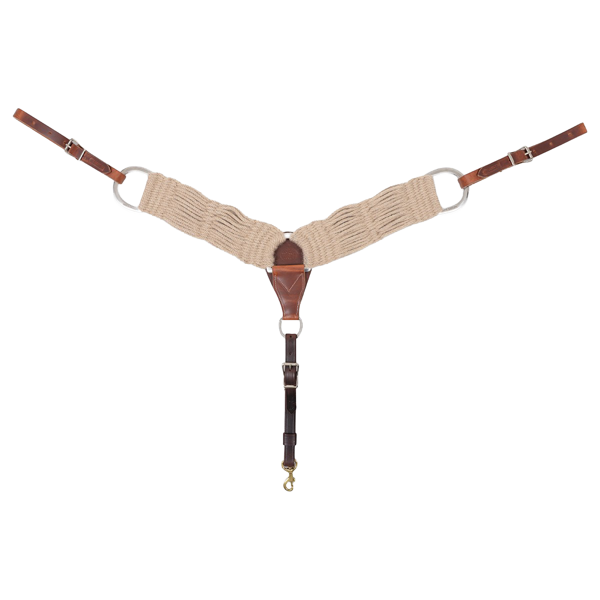 Natural mohair breast collar from Martin Saddlery, seen from the front in full. Natural mohair strands form the 3-inch shoulder straps, which join a leather center piece with rings, with buckled tug straps and a tie-down strap ending in a snap.