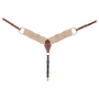 Natural mohair breast collar from Martin Saddlery, seen from the front in full. Natural mohair strands form the 3-inch shoulder straps, which join a leather center piece with rings, with buckled tug straps and a tie-down strap ending in a snap.