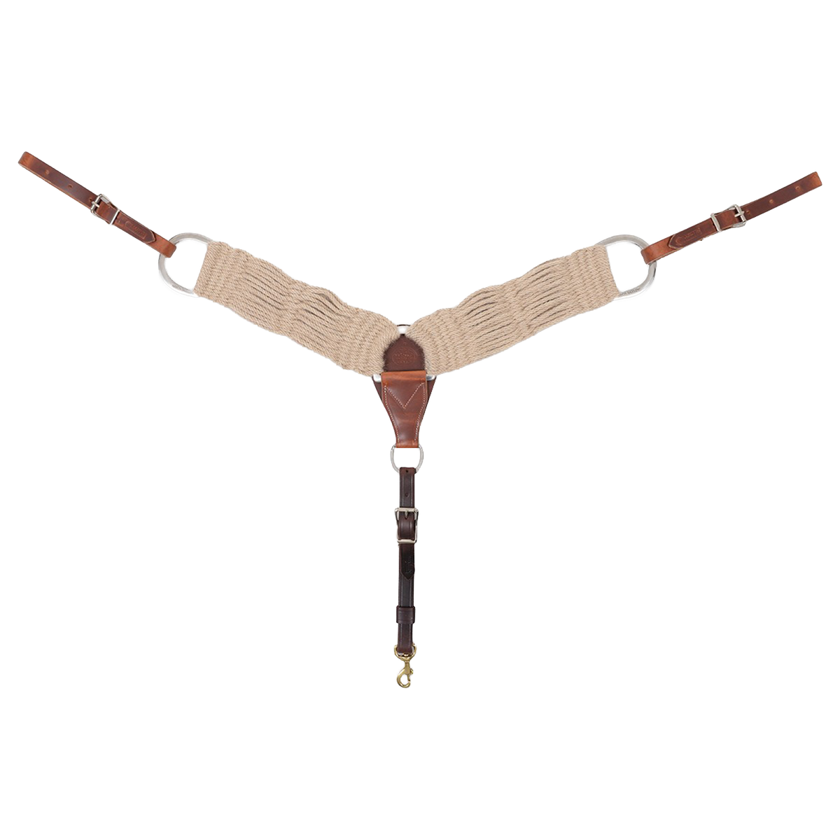 Natural mohair breast collar from Martin Saddlery, seen from the front in full. Natural mohair strands form the 3-inch shoulder straps, which join a leather center piece with rings, with buckled tug straps and a tie-down strap ending in a snap.