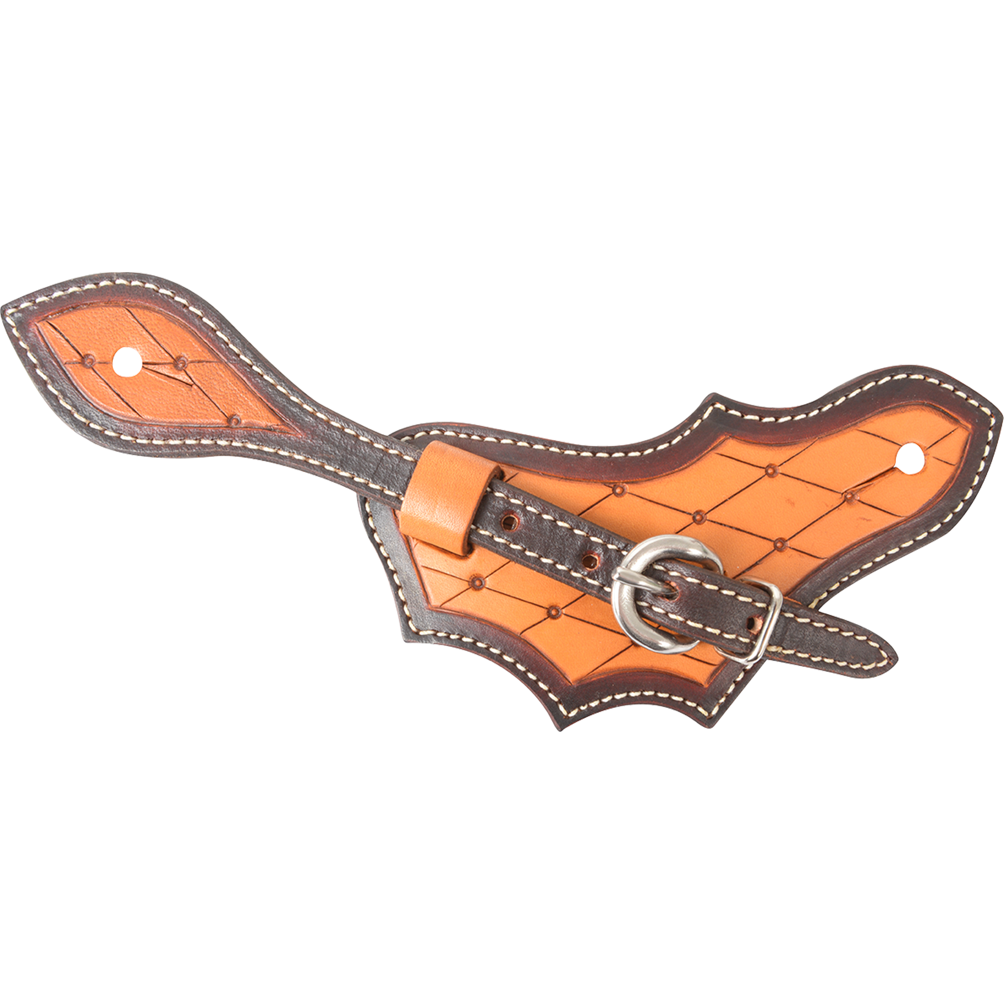 Natural oak leaf spur strap with dyed edges and quilted tooling, seen from above. Dark dyed edges and white stitching frame the quilted natural leather, with a stainless steel buckle.