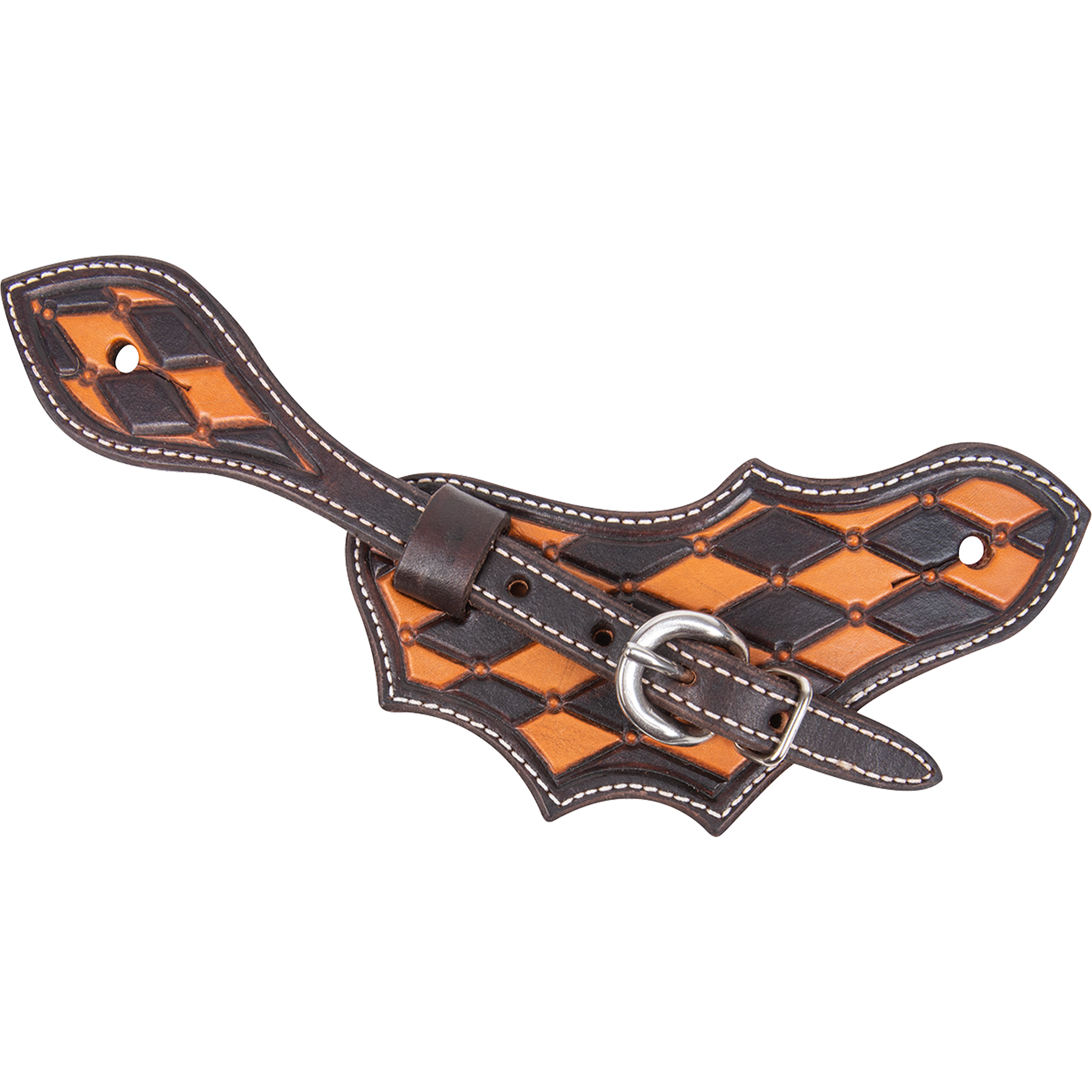 Oak leaf spur strap with quilted tooling and checkerboard dye, seen from above. Dark dyed diamonds alternate with natural leather inside dyed edges, and a stainless steel buckle fastens the strap.