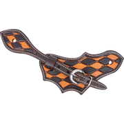Oak leaf spur strap with quilted tooling and checkerboard dye, seen from above. Dark dyed diamonds alternate with natural leather inside dyed edges, and a stainless steel buckle fastens the strap.