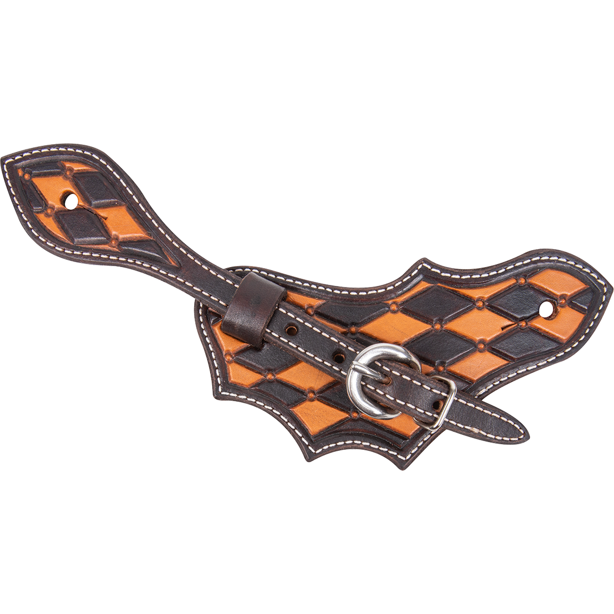 Oak leaf spur strap with quilted tooling and checkerboard dye, seen from above. Dark dyed diamonds alternate with natural leather inside dyed edges, and a stainless steel buckle fastens the strap.