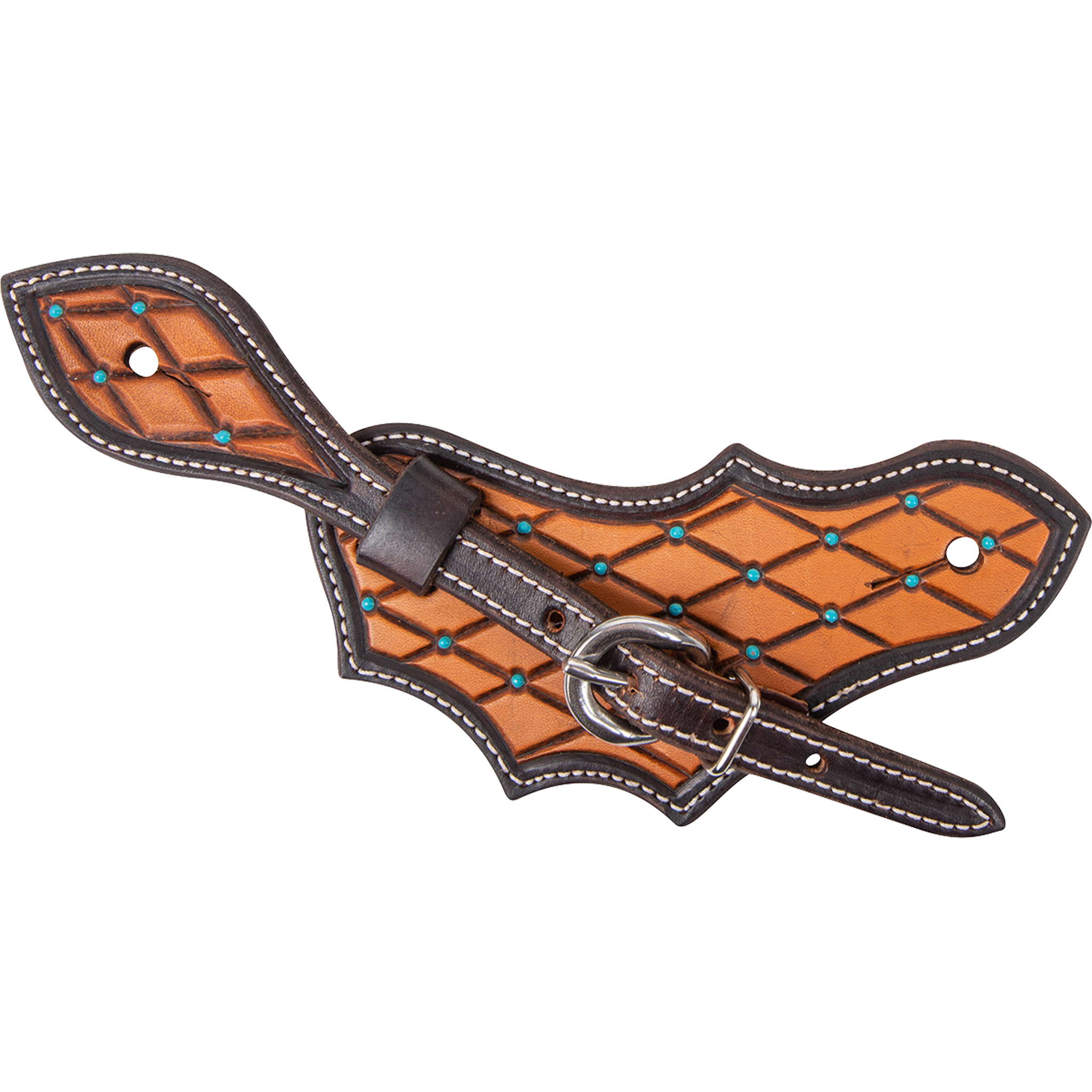 Oak leaf spur strap with quilted tooling and turquoise spots, seen from above. Turquoise dots mark the quilted natural leather inside dark dyed edges and white stitching.