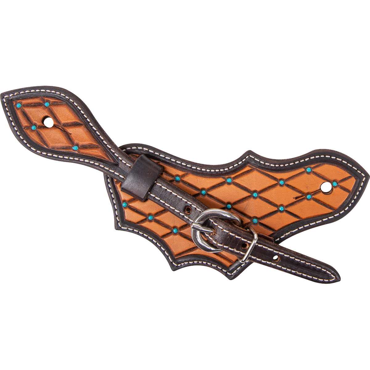 Oak leaf spur strap with quilted tooling and turquoise spots, seen from above. Turquoise dots mark the quilted natural leather inside dark dyed edges and white stitching.