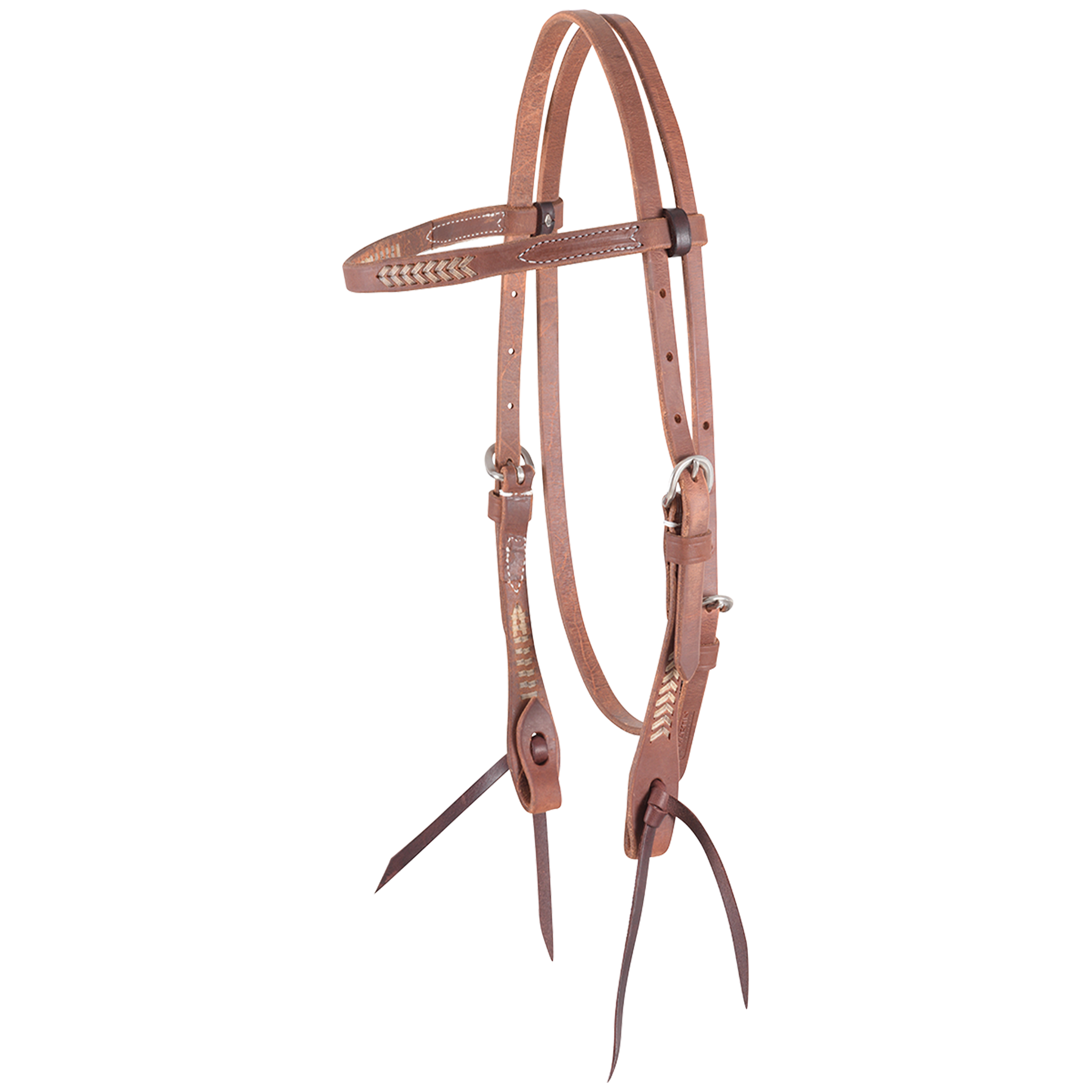 Natural rawhide laced browband headstall, seen from the front quarter. Rawhide lacing accents the browband and cheeks of the 5/8-inch harness leather headstall, which ends in dark bit ties.