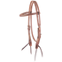 Natural rawhide laced browband headstall, seen from the front quarter. Rawhide lacing accents the browband and cheeks of the 5/8-inch harness leather headstall, which ends in dark bit ties.