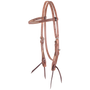 Natural rawhide laced browband headstall, seen from the front quarter. Rawhide lacing accents the browband and cheeks of the 5/8-inch harness leather headstall, which ends in dark bit ties.