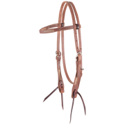 Natural rawhide laced browband headstall, seen from the front quarter. Rawhide lacing accents the browband and cheeks of the 5/8-inch harness leather headstall, which ends in dark bit ties.