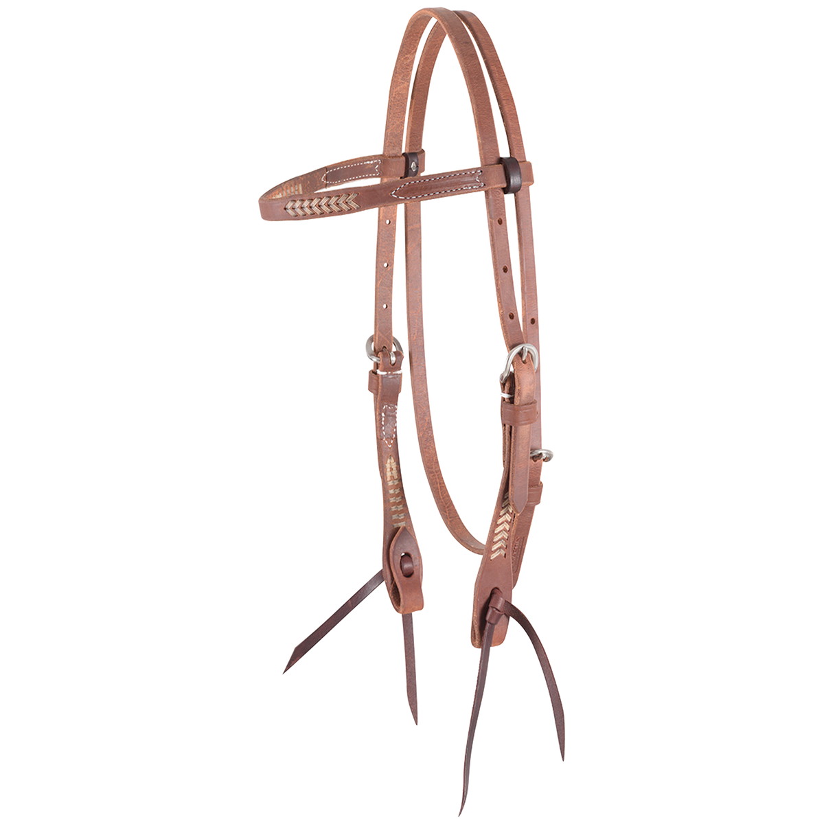 Natural rawhide laced browband headstall, seen from the front quarter. Rawhide lacing accents the browband and cheeks of the 5/8-inch harness leather headstall, which ends in dark bit ties.