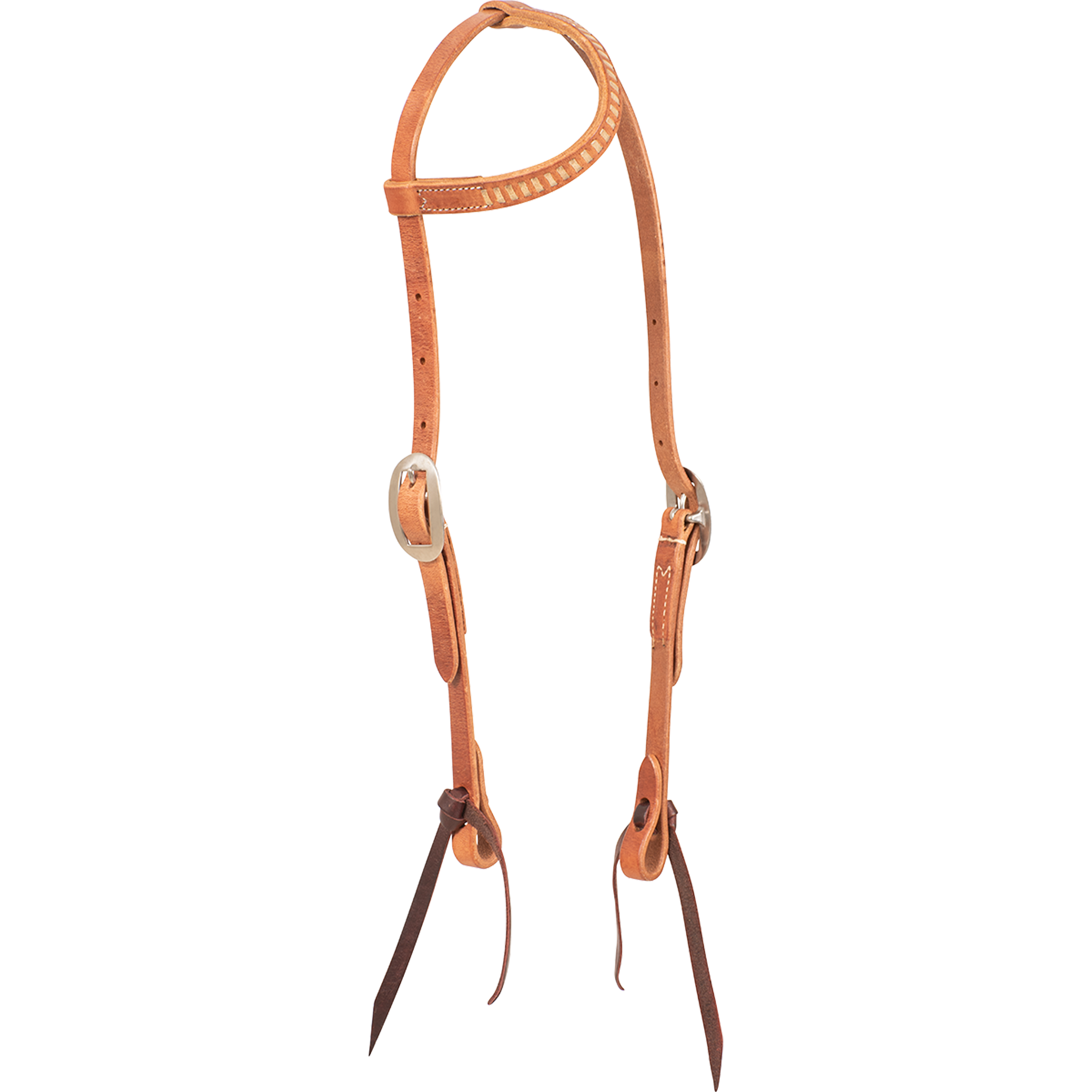 Natural rawhide laced slip ear headstall, seen from the front quarter. Rawhide lacing runs along the ear loop of the 5/8-inch harness leather headstall, with buckles at the cheeks and dark bit ties.