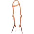 Natural rawhide laced slip ear headstall, seen from the front quarter. Rawhide lacing runs along the ear loop of the 5/8-inch harness leather headstall, with buckles at the cheeks and dark bit ties.