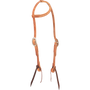 Natural rawhide laced slip ear headstall, seen from the front quarter. Rawhide lacing runs along the ear loop of the 5/8-inch harness leather headstall, with buckles at the cheeks and dark bit ties.