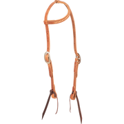 Natural rawhide laced slip ear headstall, seen from the front quarter. Rawhide lacing runs along the ear loop of the 5/8-inch harness leather headstall, with buckles at the cheeks and dark bit ties.