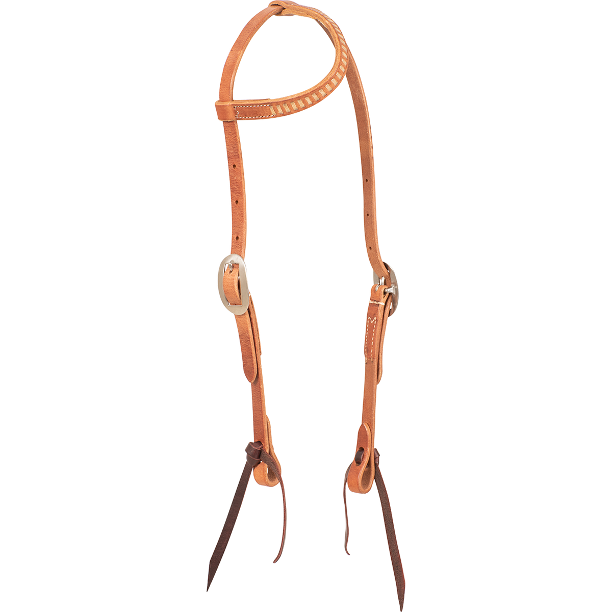 Natural rawhide laced slip ear headstall, seen from the front quarter. Rawhide lacing runs along the ear loop of the 5/8-inch harness leather headstall, with buckles at the cheeks and dark bit ties.
