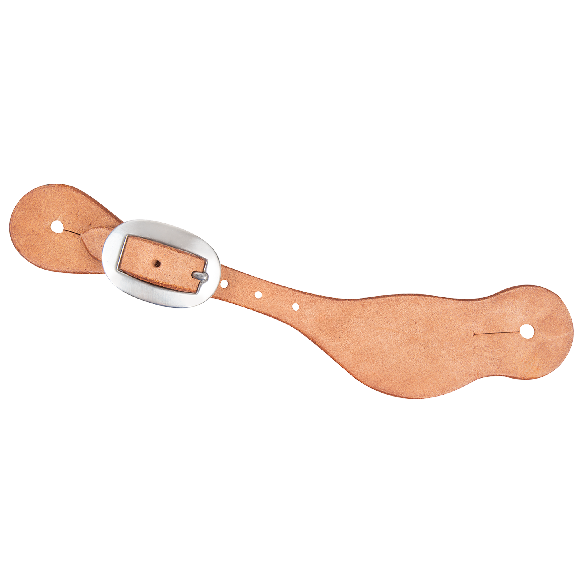 Natural roughout Alpine spur strap, seen from above. The plain light roughout leather has a stainless steel buckle and a slotted hole at each end.