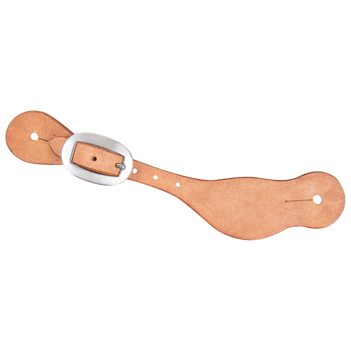 Natural roughout Alpine spur strap, seen from above. The plain light roughout leather has a stainless steel buckle and a slotted hole at each end.