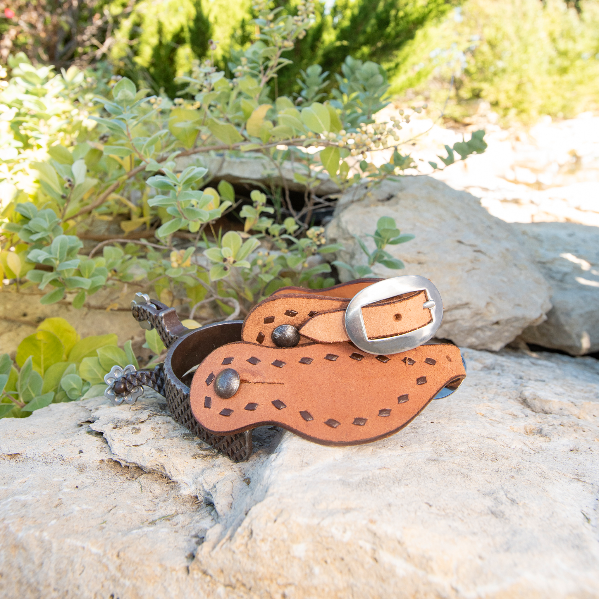 Natural roughout Alpine spur straps with chocolate buckstitching on a spur resting on limestone, with green plants behind. The buckstitching follows the edge of the strap below a wide buckle.