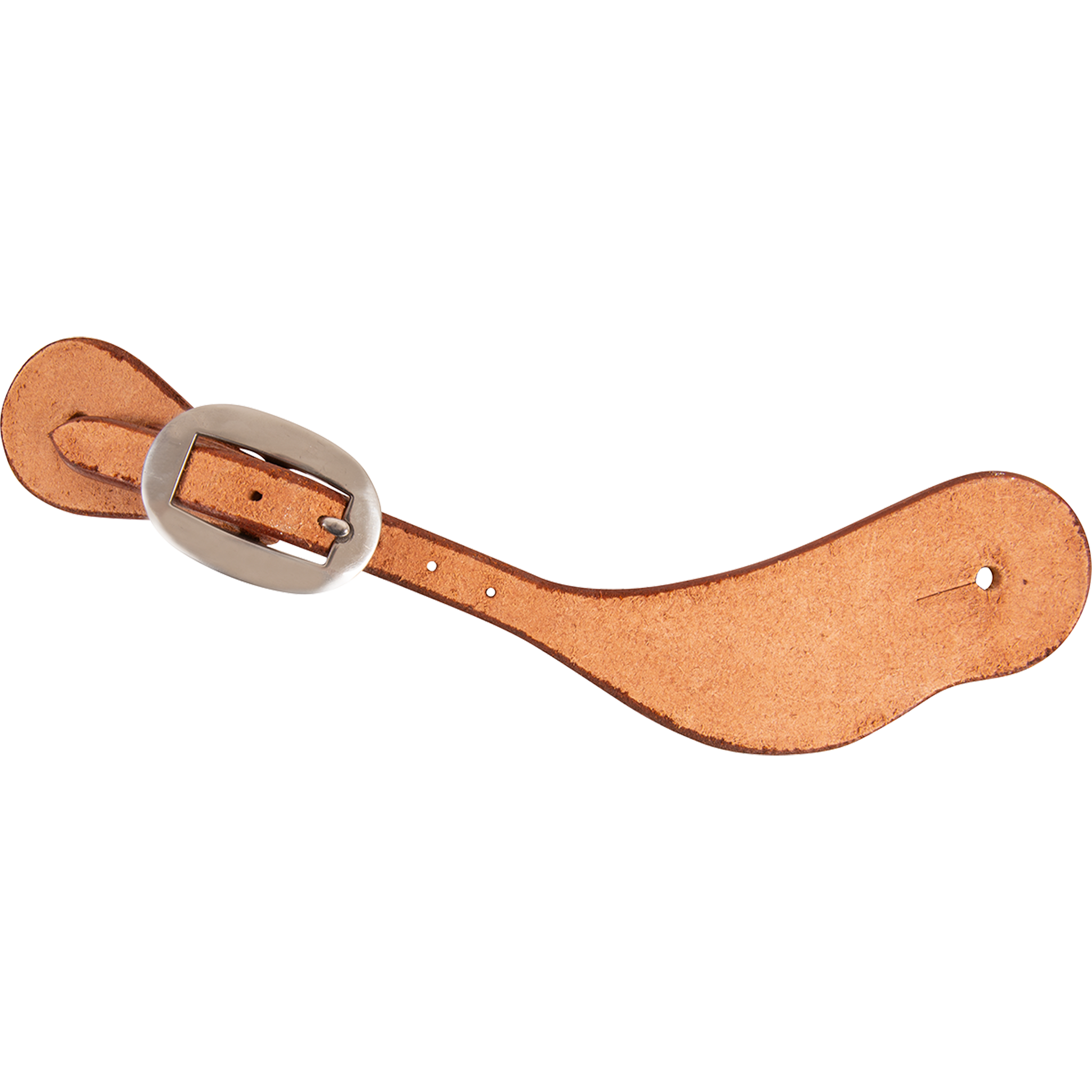Natural roughout cowboy spur strap, seen from above. The plain roughout leather fastens with an oval buckle and has a slotted hole at the wide end.