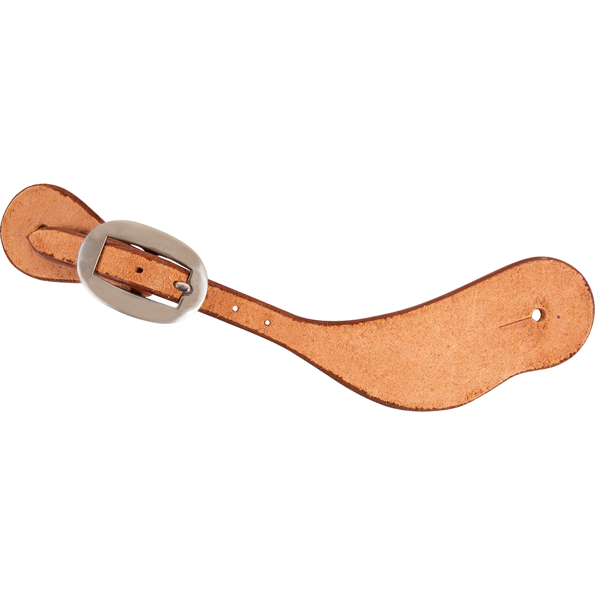 Natural roughout cowboy spur strap, seen from above. The plain roughout leather fastens with an oval buckle and has a slotted hole at the wide end.