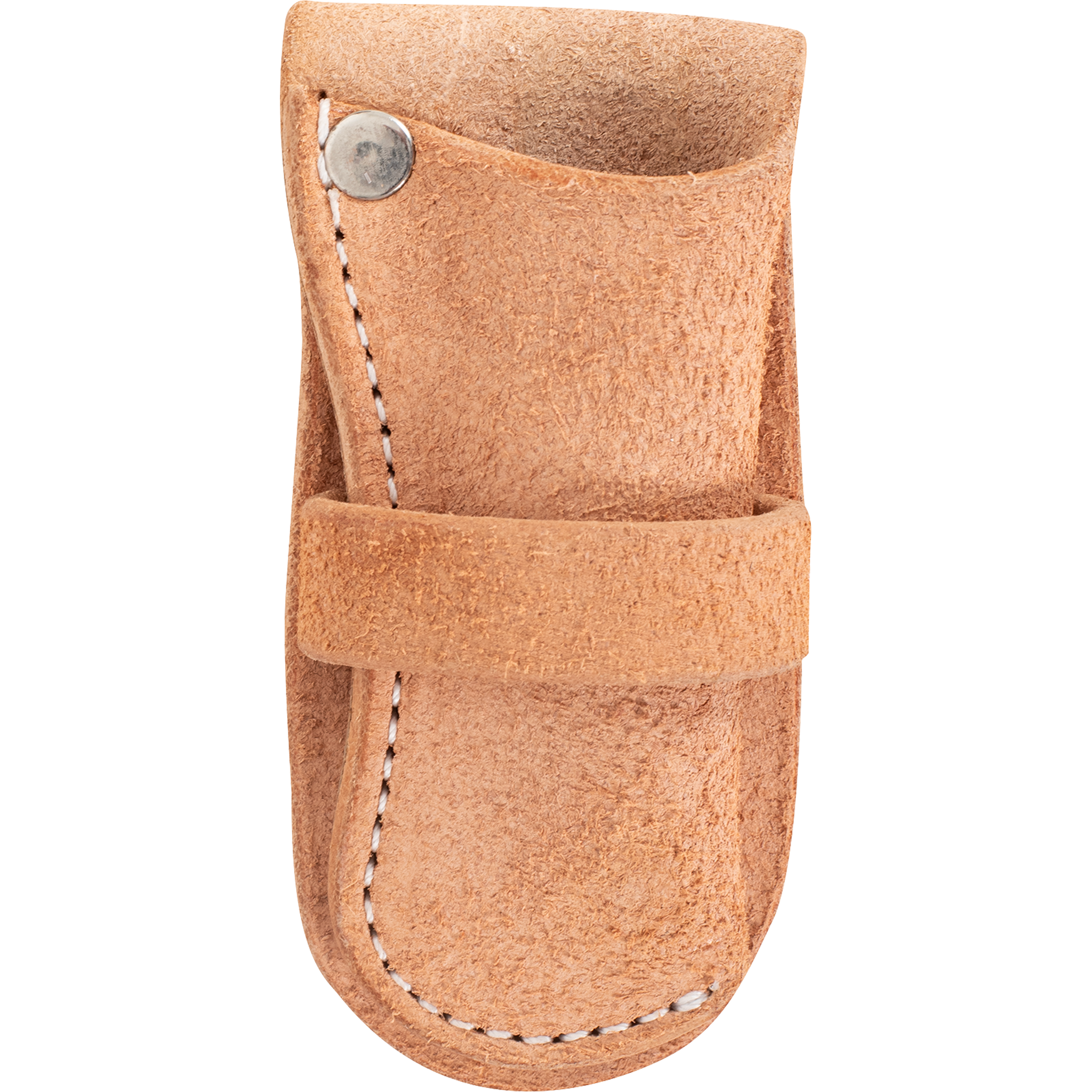 Natural roughout holster knife sheath from Martin Saddlery, seen from the front. A roughout band crosses the body below a snap, with heavy white stitching along the edge.