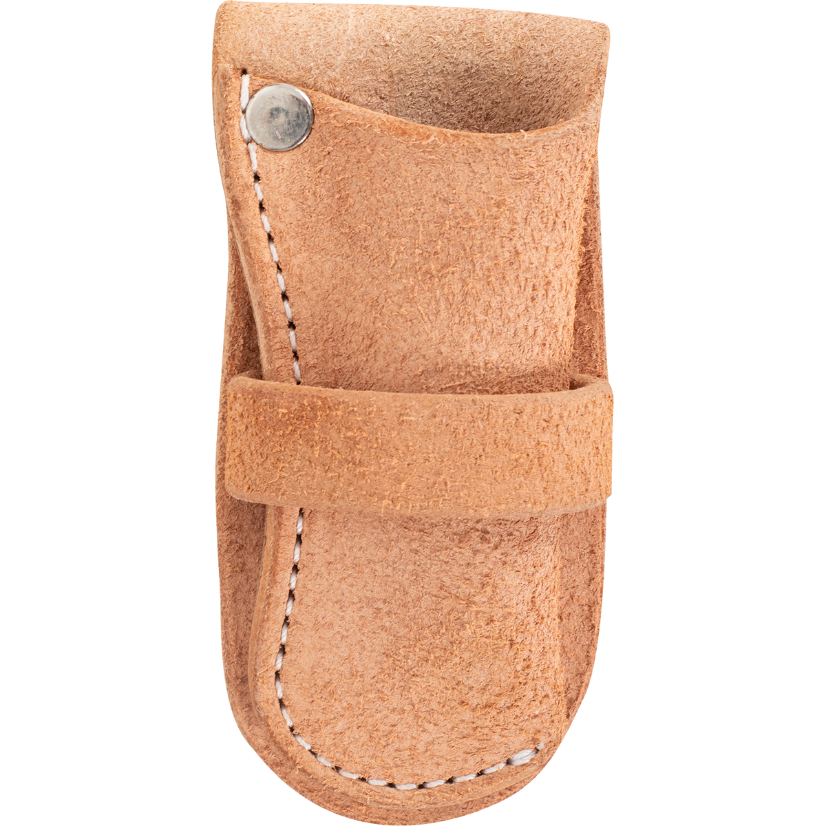 Natural roughout holster knife sheath from Martin Saddlery, seen from the front. A roughout band crosses the body below a snap, with heavy white stitching along the edge.