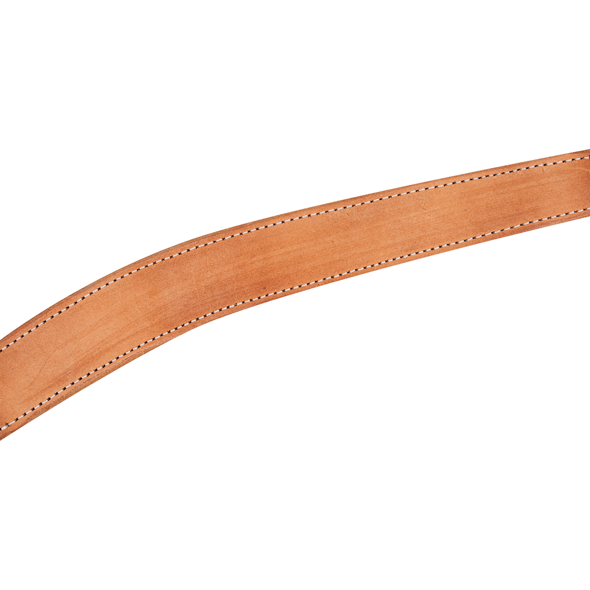 Natural roughout leather breast collar strap curving across the frame. Dark and white stitching lines both edges of the Martin Saddlery strap, and the roughout surface has a soft, even texture.