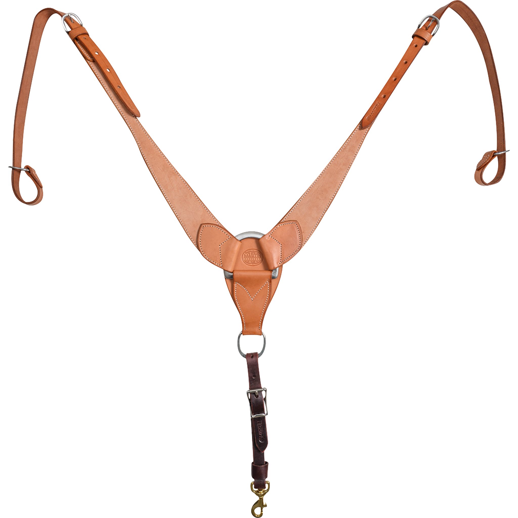 Natural roughout pulling collar from Martin Saddlery, laid flat and seen from above. Roughout leather shoulders meet at a center ring, with adjustable straps at the top and a dark tie-down strap with a snap below.