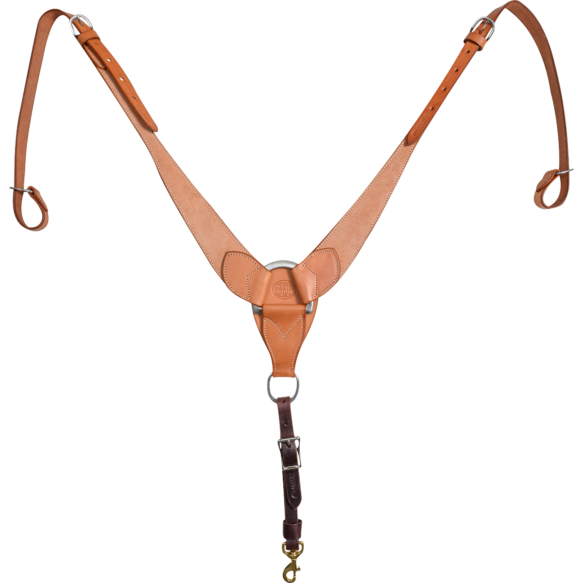 Natural roughout pulling collar from Martin Saddlery, laid flat and seen from above. Roughout leather shoulders meet at a center ring, with adjustable straps at the top and a dark tie-down strap with a snap below.