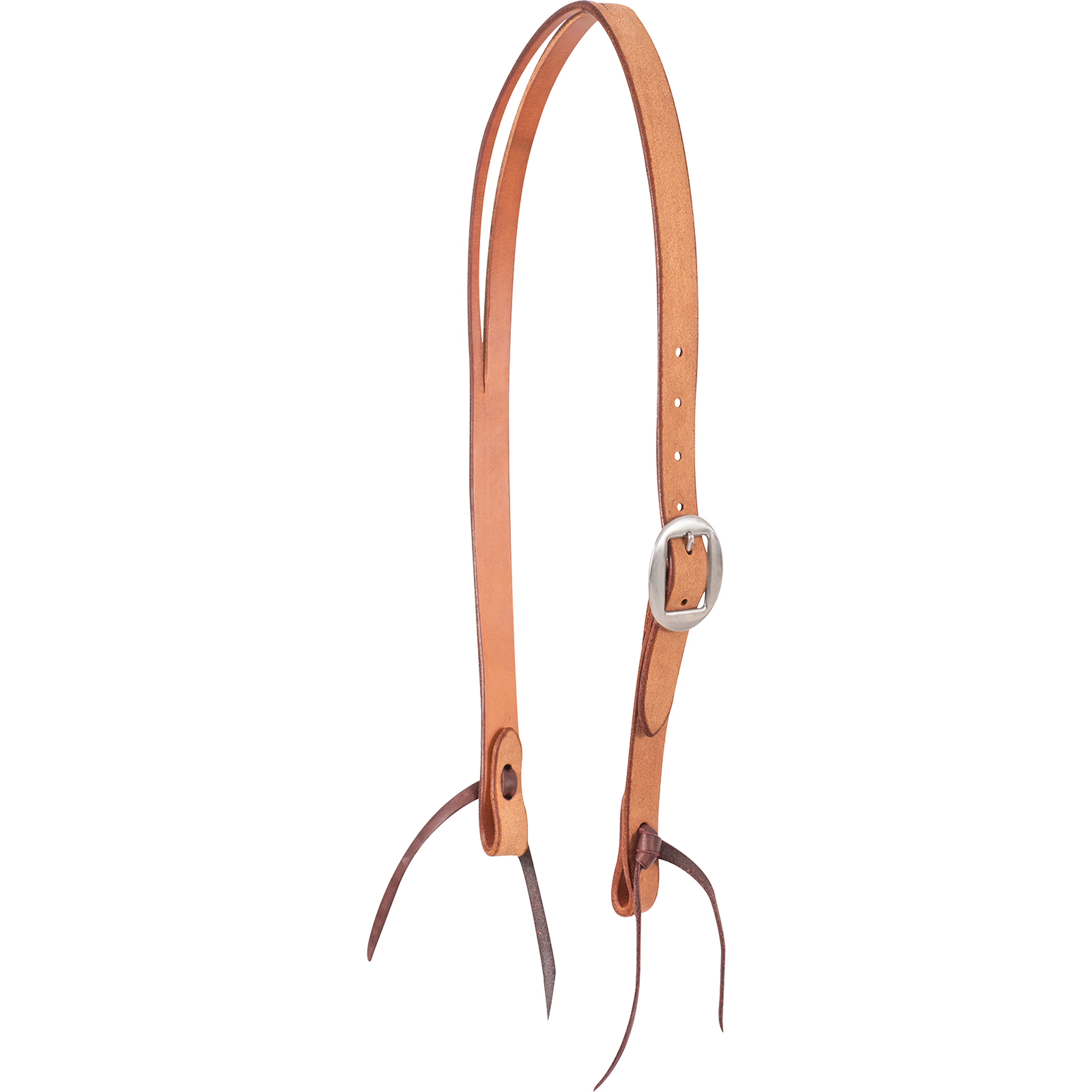 Natural roughout Ranahan headstall from Martin Saddlery, seen from the front quarter. A cart buckle adjusts the cheek of the 3/4-inch strap, and dark latigo bit ties finish both ends.