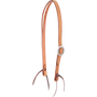 Natural roughout Ranahan headstall from Martin Saddlery, seen from the front quarter. A cart buckle adjusts the cheek of the 3/4-inch strap, and dark latigo bit ties finish both ends.