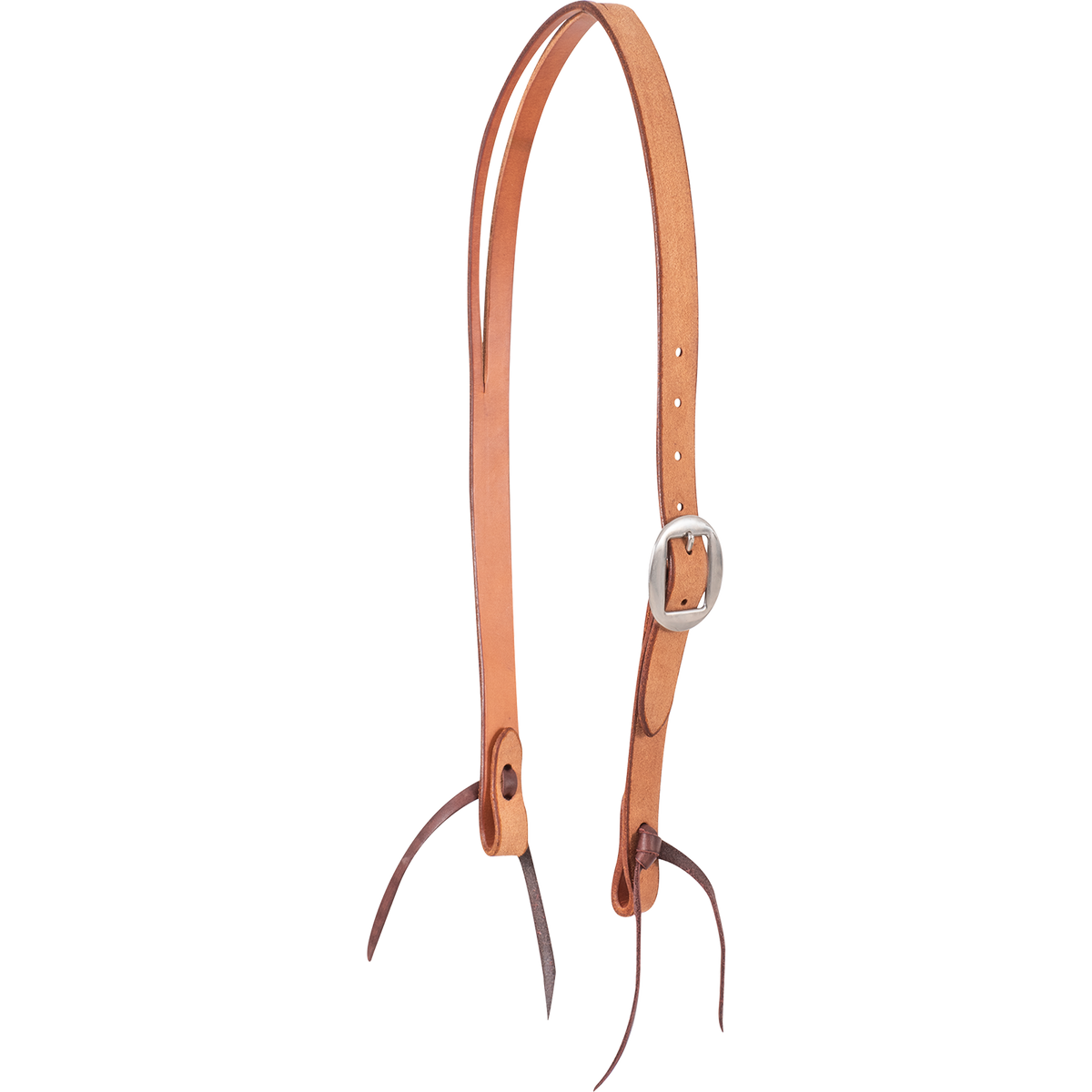 Natural roughout Ranahan headstall from Martin Saddlery, seen from the front quarter. A cart buckle adjusts the cheek of the 3/4-inch strap, and dark latigo bit ties finish both ends.