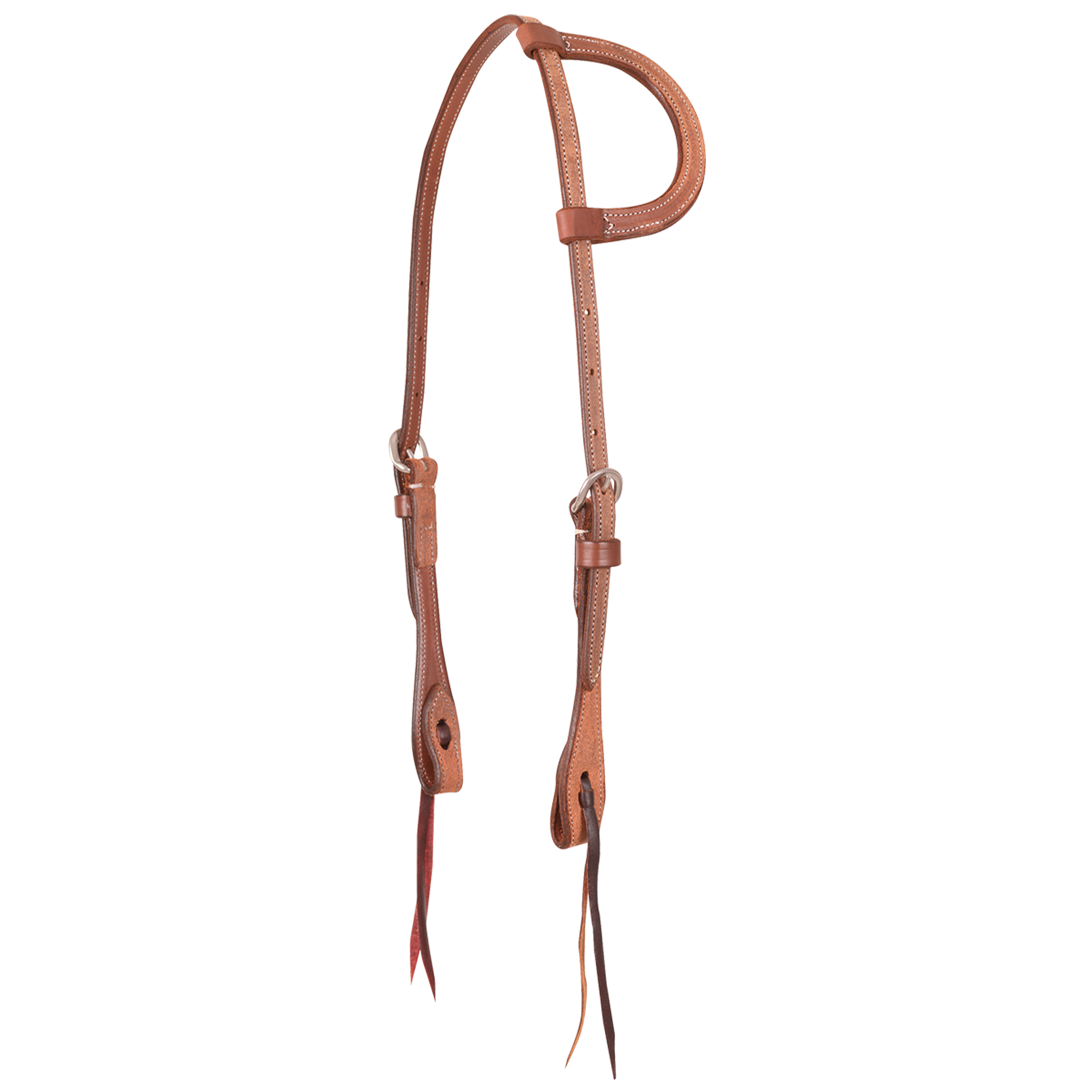 Natural roughout slip ear headstall from Martin Saddlery, seen from the front quarter. The roughout skirting leather has a stitched ear loop, stainless steel buckles and bit ties.