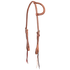 Natural roughout slip ear headstall from Martin Saddlery, seen from the front quarter. The roughout skirting leather has a stitched ear loop, stainless steel buckles and bit ties.