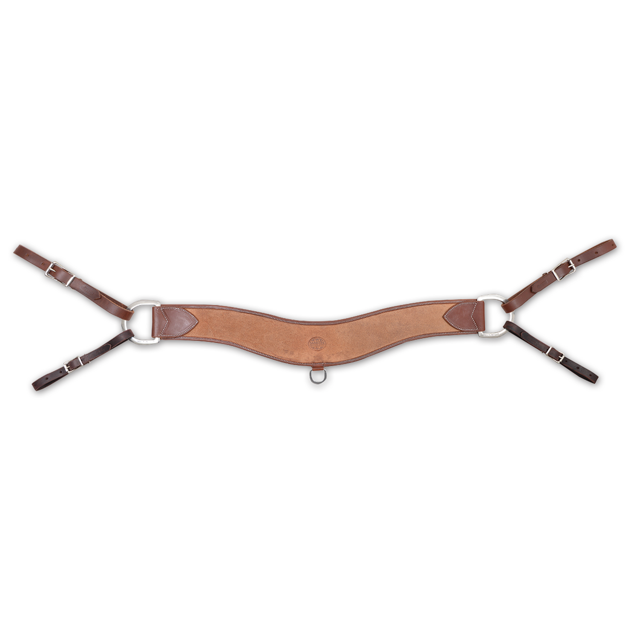 Natural roughout steer roper breastcollar from Martin Saddlery, seen from the front. The 4-inch contoured strap has dark leather tabs at each end, a small ring at the center, and rings with buckled tug straps at both sides.
