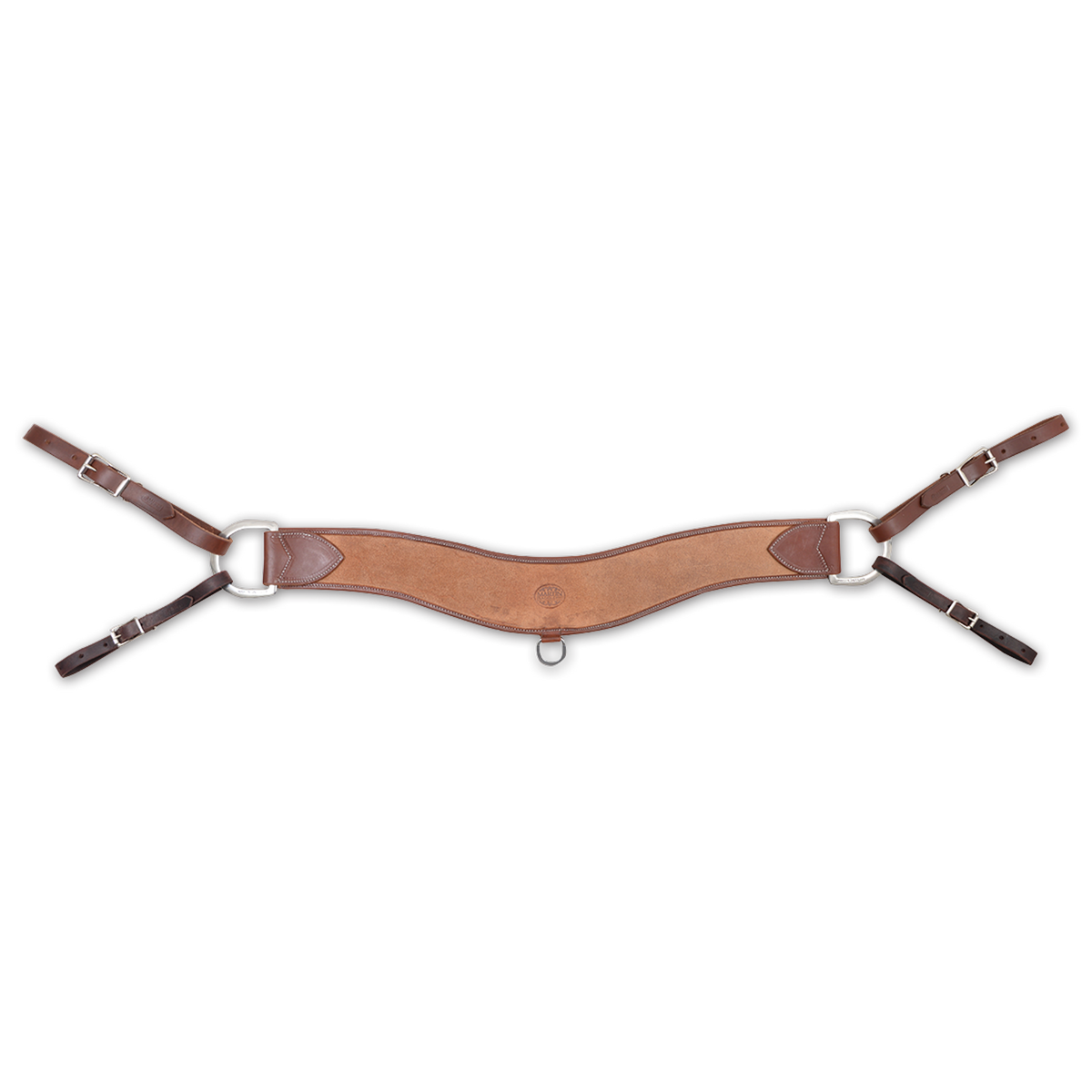 Natural roughout steer roper breastcollar from Martin Saddlery, seen from the front. The 4-inch contoured strap has dark leather tabs at each end, a small ring at the center, and rings with buckled tug straps at both sides.