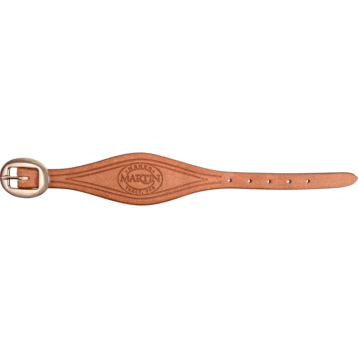 Natural roughout stirrup hobble strap from Martin Saddlery, laid flat and seen from above. The light roughout strap has border lines, the Martin maker stamp and a cart buckle.