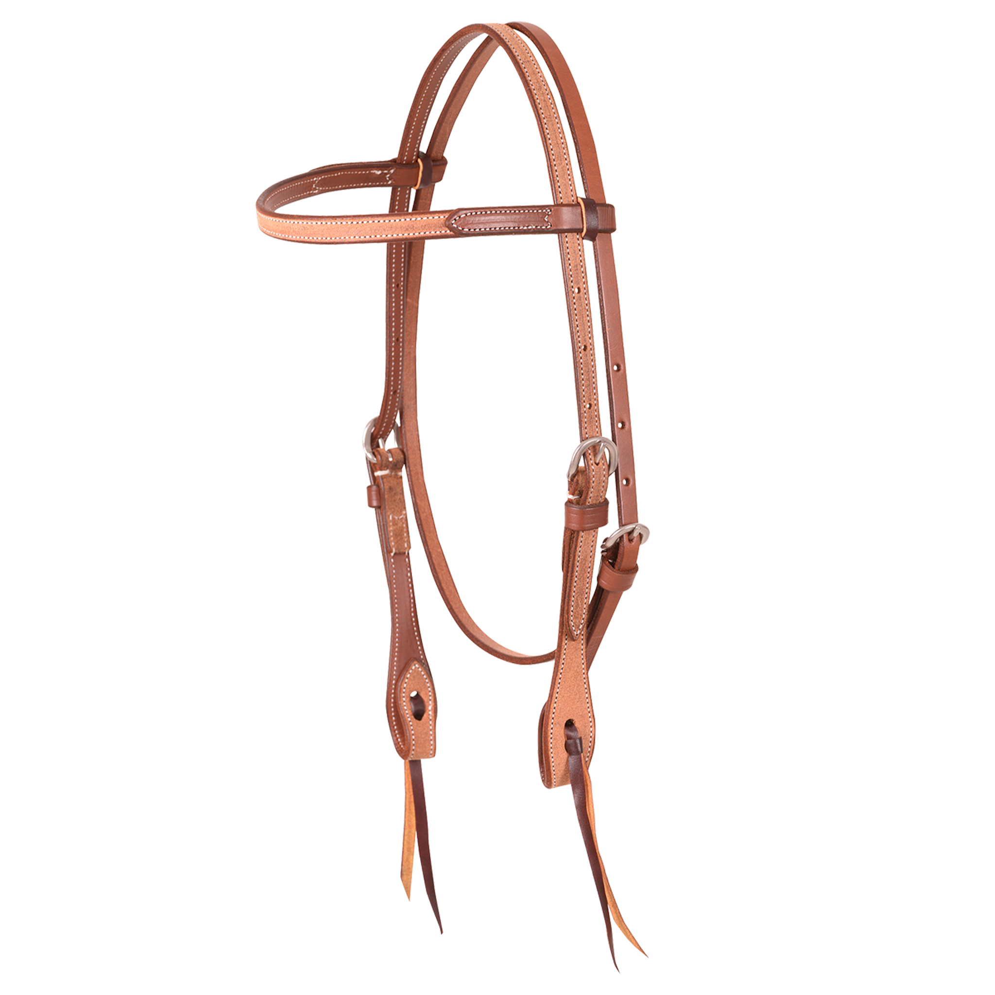 Natural roughout browband headstall from Martin Saddlery, seen from the front quarter. The 5/8-inch roughout skirting leather has stainless steel buckles for length adjustment and bit ties at the ends.
