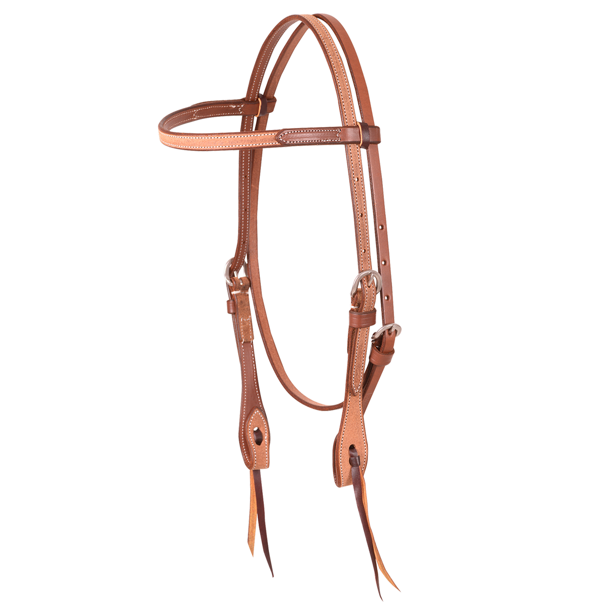 Natural roughout browband headstall from Martin Saddlery, seen from the front quarter. The 5/8-inch roughout skirting leather has stainless steel buckles for length adjustment and bit ties at the ends.