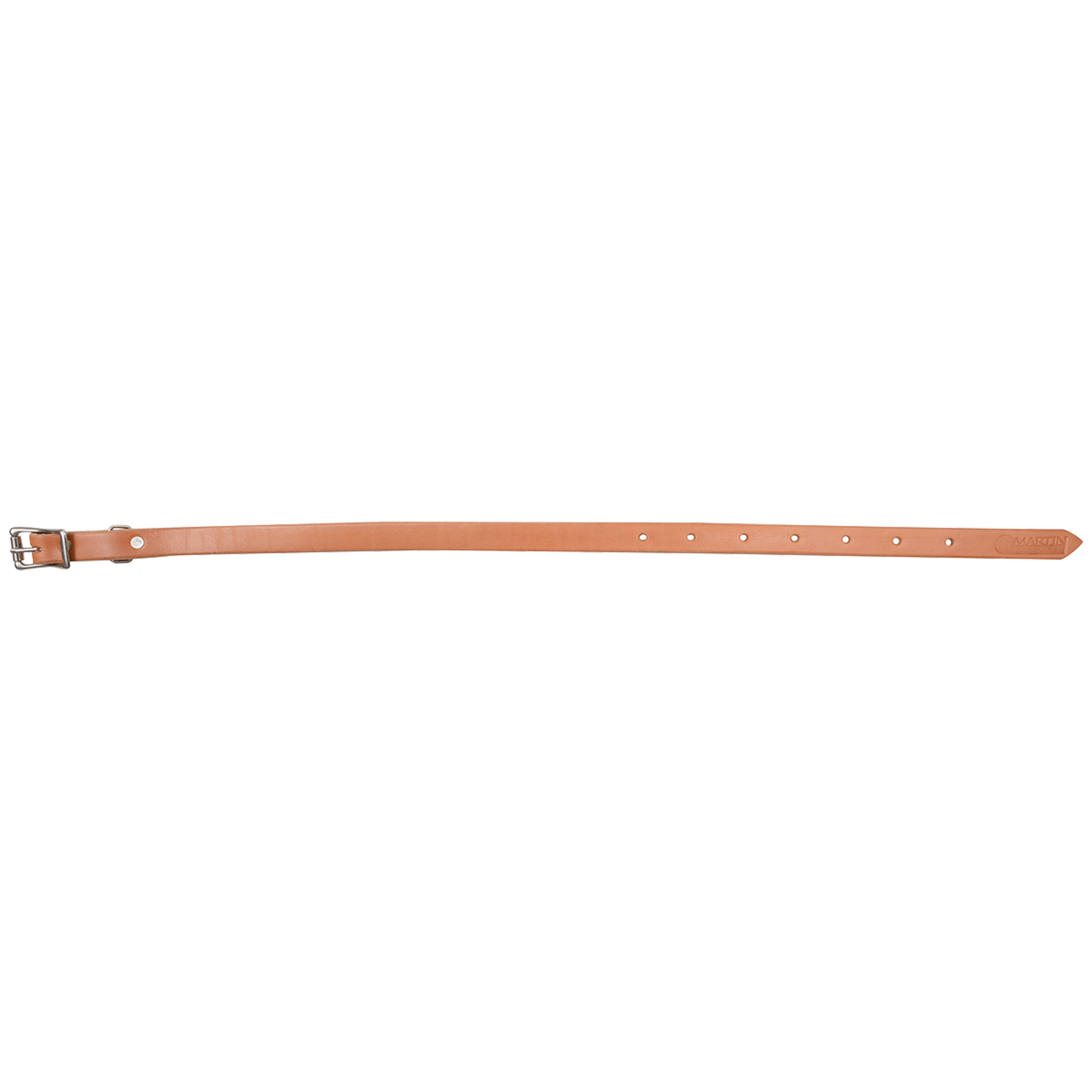 Natural skirting leather breastcollar tug, laid out straight and seen from above. The light 3/4-inch strap has a buckle at one end and adjustment holes toward the tip.