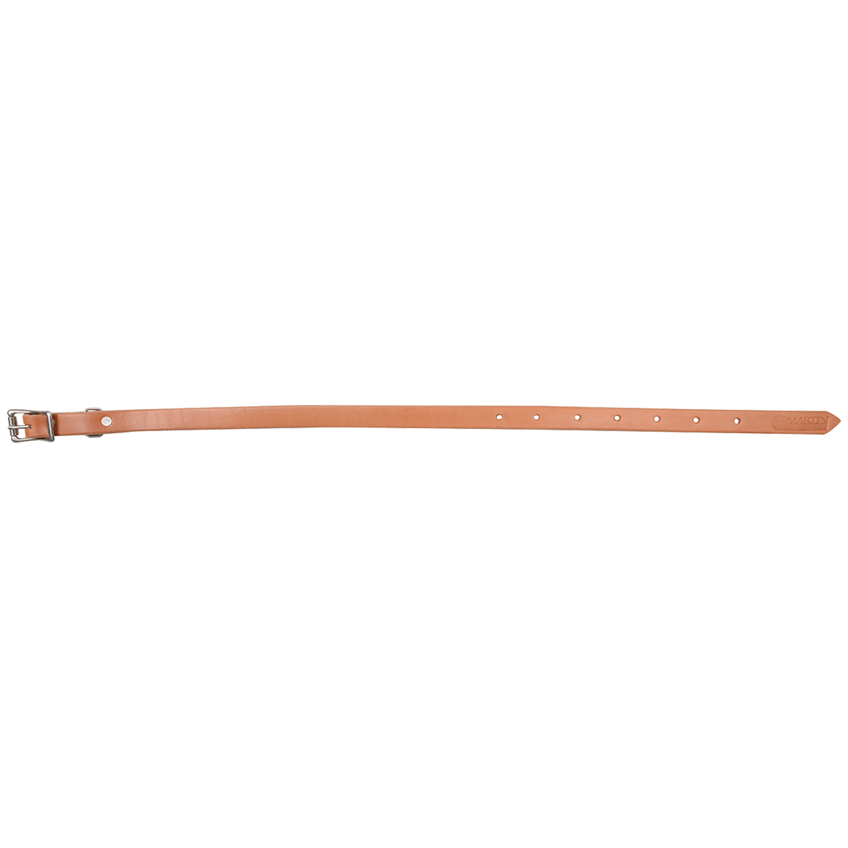 Natural skirting leather breastcollar tug, laid out straight and seen from above. The light 3/4-inch strap has a buckle at one end and adjustment holes toward the tip.