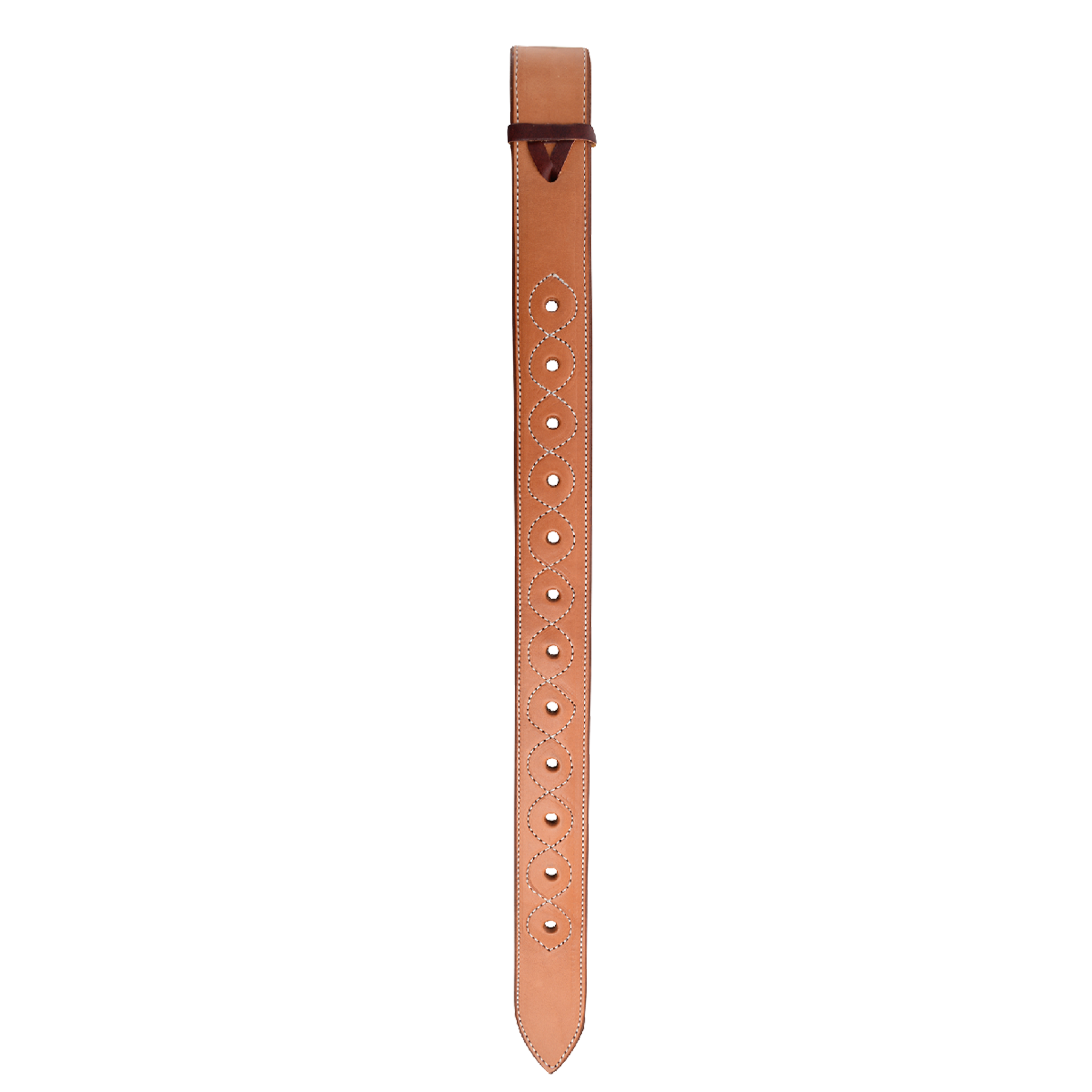 Natural extra strong flank billet hanging straight. Stitching frames the adjustment holes down this Martin Saddlery skirting leather billet for a western saddle's back cinch.