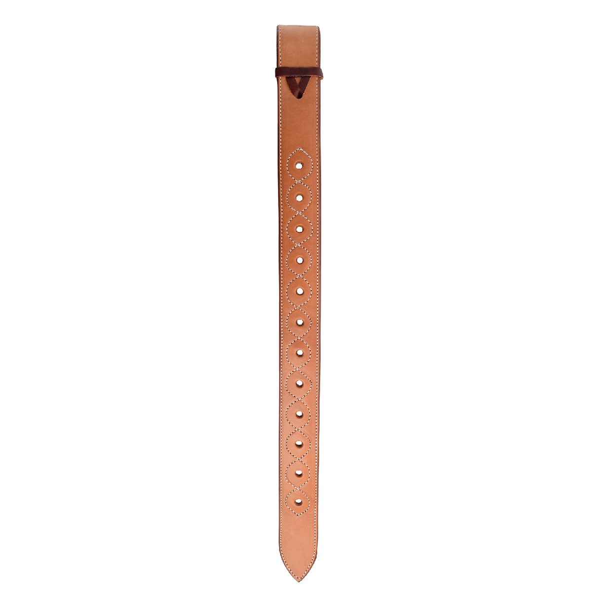 Natural extra strong flank billet hanging straight. Stitching frames the adjustment holes down this Martin Saddlery skirting leather billet for a western saddle's back cinch.